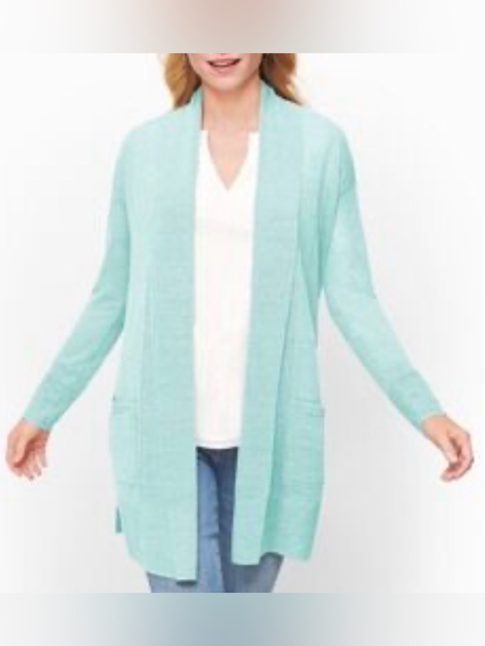 Talbots Aqua Linen Blend Open-Front Long Cardigan